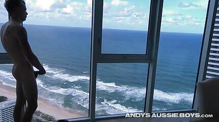 Window Aussie Surfer Exhibitionist Gets Naked and Shoots His Cum load Over the Gold Coast Beach