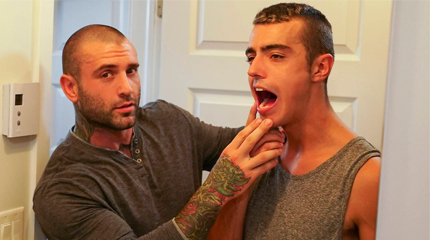 Tattooed Step Dad Check His Step Son's Mouth With Fingers And Cock