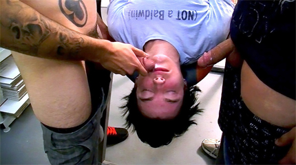 Adorable gay Rad Matthews blows two dicks in hardcore 3way